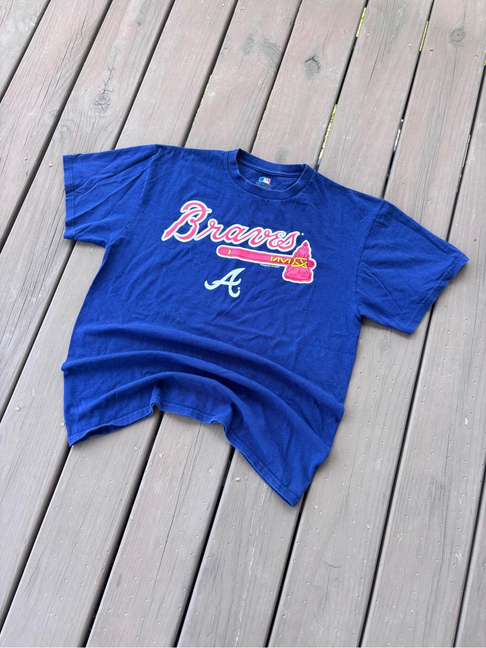 Atlanta Braves MLB Script Graphic Tee Navy Large Vintage Baseball